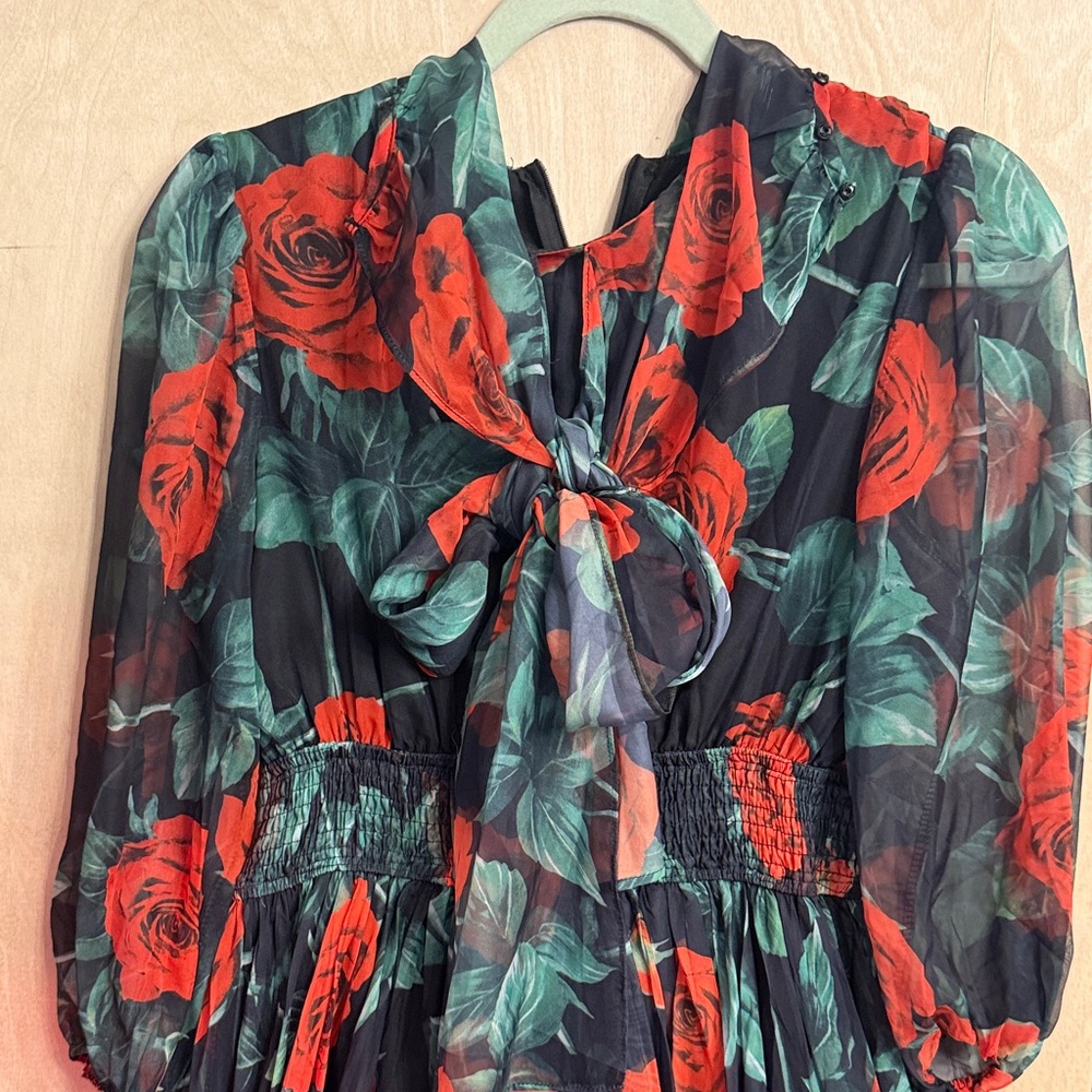 Red Rose Print Black Midi Dress with Tie Neck - Picture 2 of 4